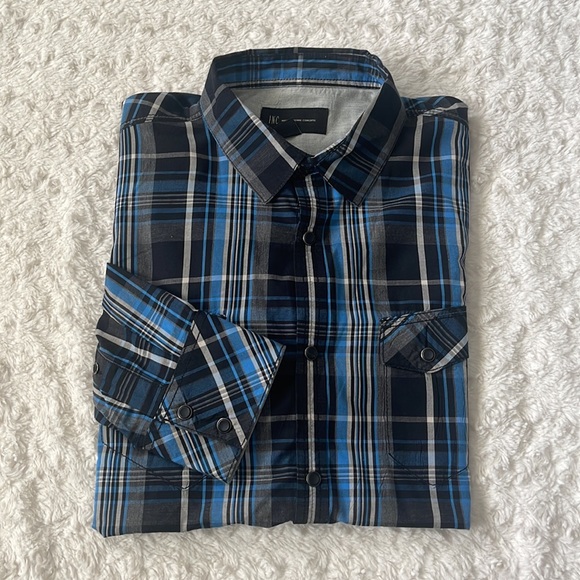 INC International Concepts Blue Black Gray plaid shirt Convertible sleeves Sz L. - Picture 10 of 10